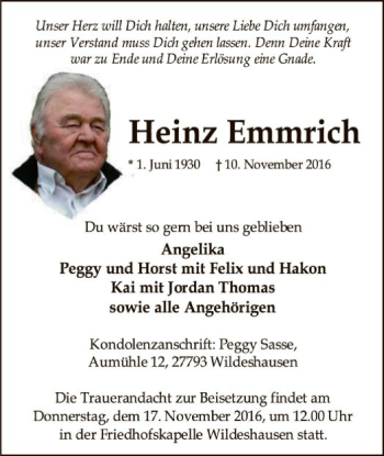 Traueranzeige von Heinz Emmrich von SYK