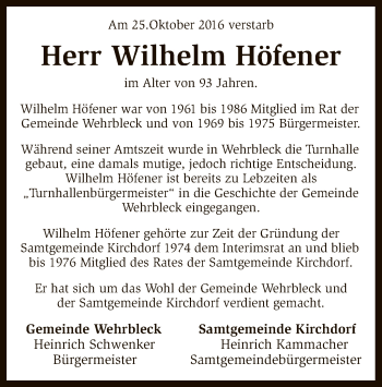 Traueranzeige von Wilhelm Höfener von SYK