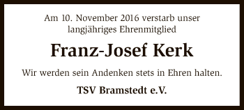 Traueranzeige von Franz-Josef Kerk von SYK