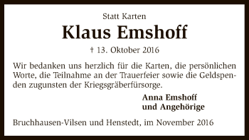 Traueranzeige von Klaus Emshoff von SYK