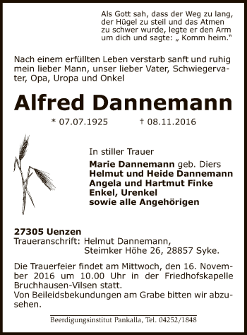 Traueranzeige von Alfred Dannemann von SYK