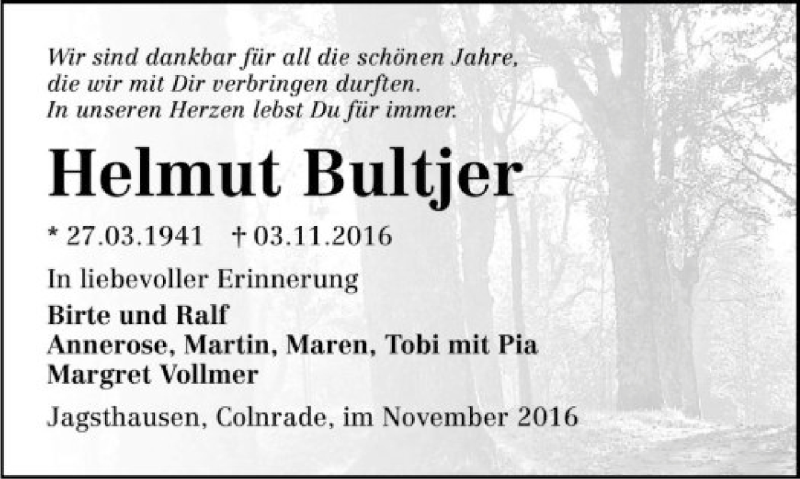  Traueranzeige für Helmut Bultjer vom 07.11.2016 aus SYK