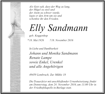 Traueranzeige von Elly Sandmann von SYK