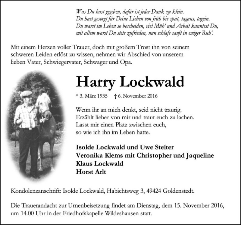  Traueranzeige für Harry Lockwald vom 09.11.2016 aus SYK