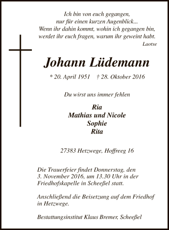 Traueranzeige von Johann Lüdemann von SYK