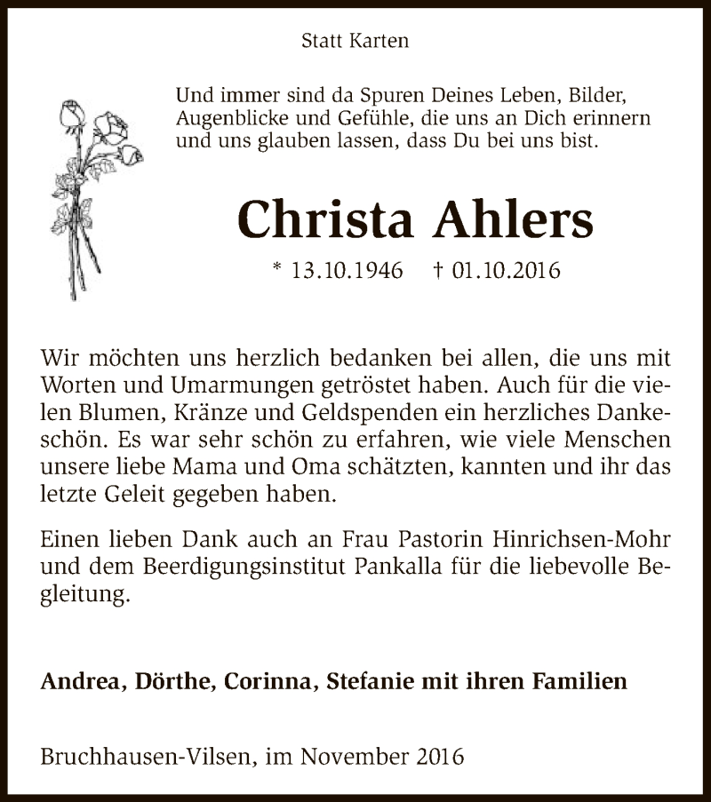  Traueranzeige für Christa Ahlers vom 04.11.2016 aus SYK