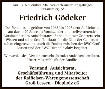 Traueranzeige von Friedrich Gödeker von SYK