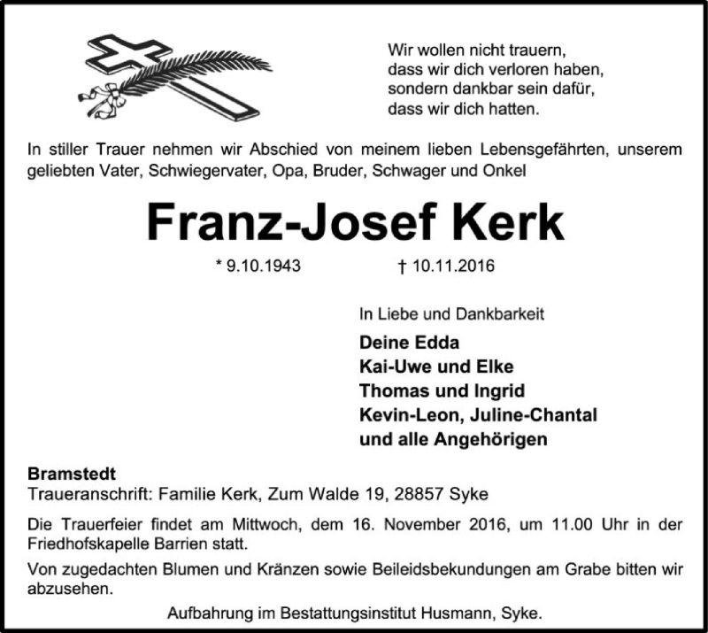  Traueranzeige für Franz-Josef Kerk vom 12.11.2016 aus SYK