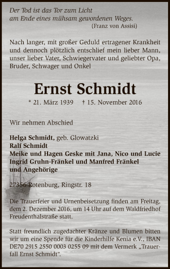 Traueranzeige von Ernst Schmidt von SYK