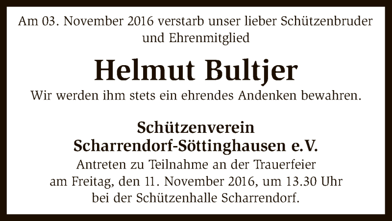  Traueranzeige für Helmut Bultjer vom 05.11.2016 aus SYK