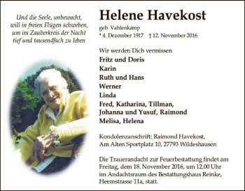 Traueranzeige von Helene Havekost von SYK