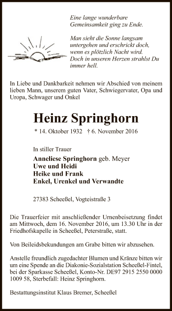 Traueranzeige von Heinz Springhorn von SYK