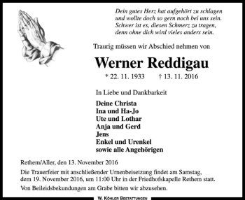 Traueranzeige von Werner Reddigau von SYK