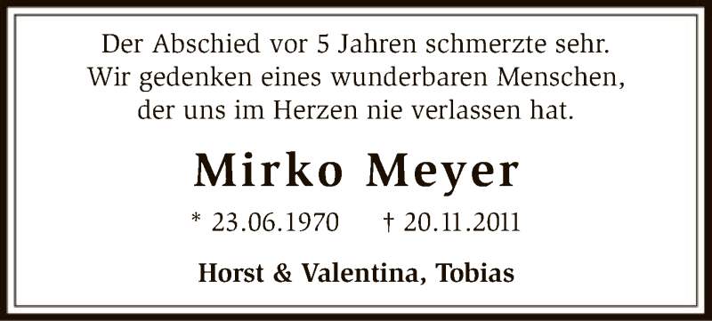  Traueranzeige für Mirko Meyer vom 19.11.2016 aus SYK