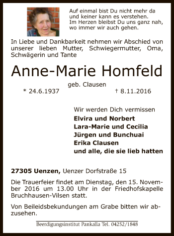 Traueranzeige von Anne-Marie Homfeld von SYK