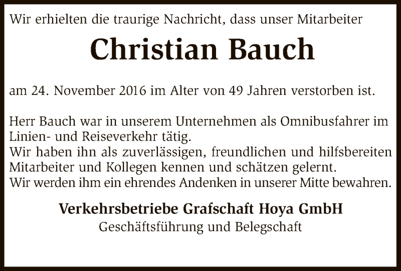  Traueranzeige für Christian Bauch vom 30.11.2016 aus SYK