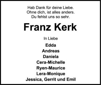 Traueranzeige von Franz Kerk von SYK