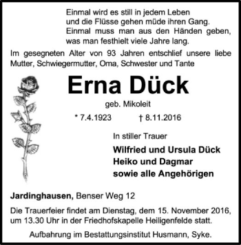 Traueranzeige von Erna Dück von SYK