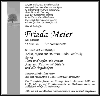 Traueranzeige von Frieda Meier von SYK