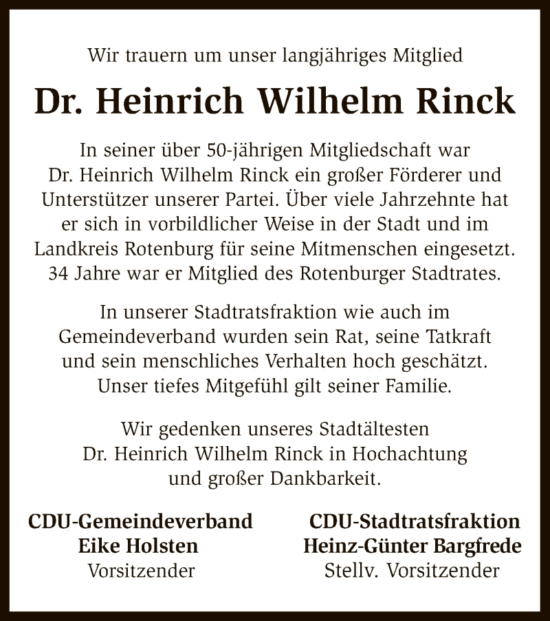  Traueranzeige für Heinrich Wilhelm Rinck vom 14.11.2016 aus SYK