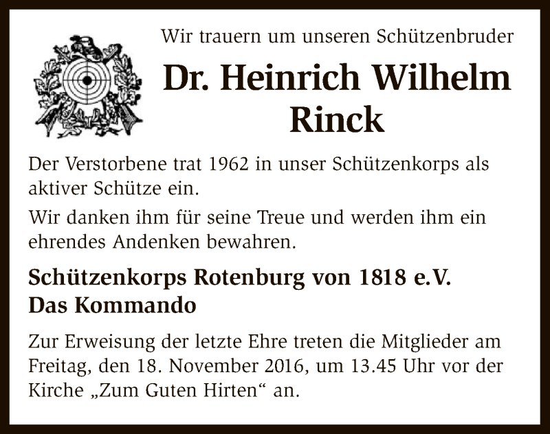  Traueranzeige für Heinrich Wilhelm Rinck vom 14.11.2016 aus SYK