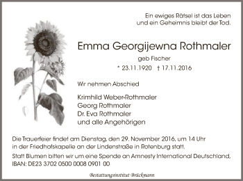 Traueranzeige von Emma Georgijewna Rothmaler von SYK