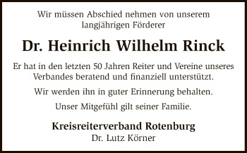 Traueranzeige von Heinrich Wilhelm Rinck von SYK