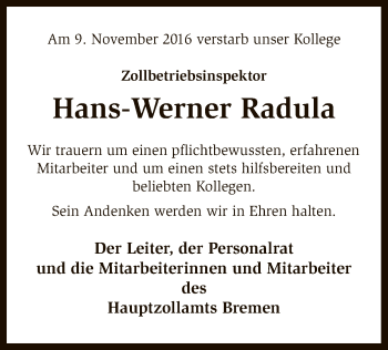 Traueranzeige von Hans-Werner Radula von SYK