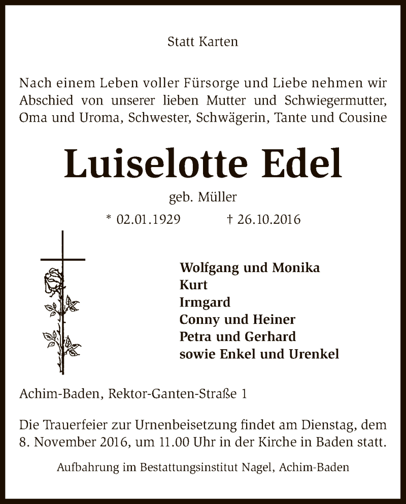  Traueranzeige für Luiselotte Edel vom 01.11.2016 aus SYK