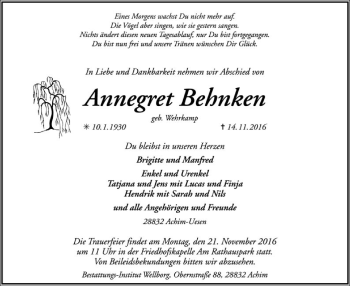 Traueranzeige von Annegret Behnken von SYK