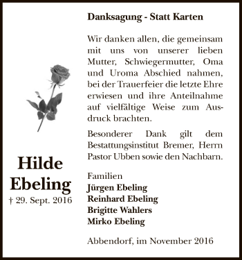 Traueranzeige von Hilde Ebeling von SYK