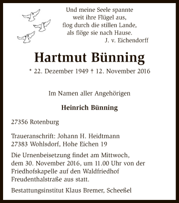 Traueranzeige von Hartmut Bünning von SYK