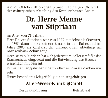 Traueranzeige von Herre Menne van Stipriaan von SYK