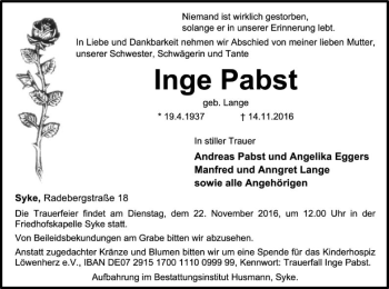 Traueranzeige von Inge Pabst von SYK