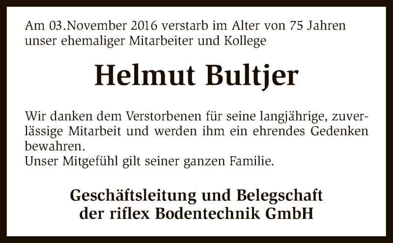  Traueranzeige für Helmut Bultjer vom 09.11.2016 aus SYK