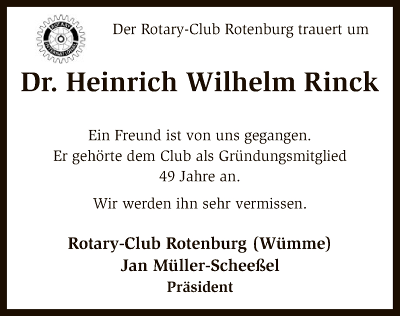  Traueranzeige für Heinrich Wilhelm Rinck vom 15.11.2016 aus SYK