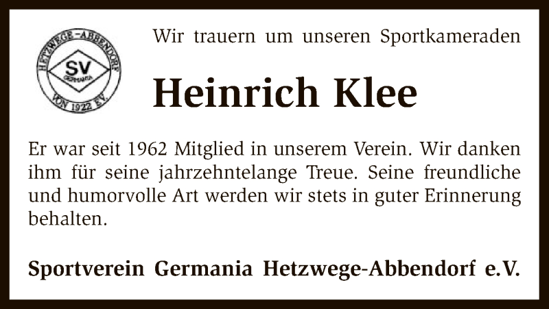  Traueranzeige für Heinrich Klee vom 23.11.2016 aus SYK