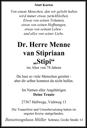 Traueranzeige von Herre Menne van Stipriaan von SYK