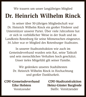 Traueranzeige von Heinrich Wilhelm Rinck von SYK