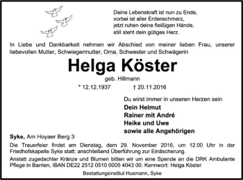 Traueranzeige von Helga Köster von SYK