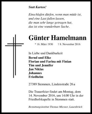 Traueranzeige von Günter Hamelmann von SYK