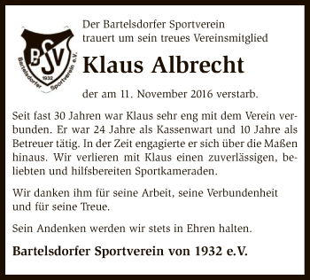 Traueranzeige von Klaus Albrecht von SYK