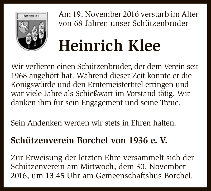  Traueranzeige für Heinrich Klee vom 22.11.2016 aus SYK