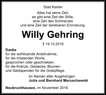 Traueranzeige von Willy Gehring von SYK