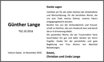 Traueranzeige von Günther Lange von SYK