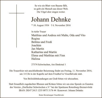 Traueranzeige von Johann Dehnke von SYK