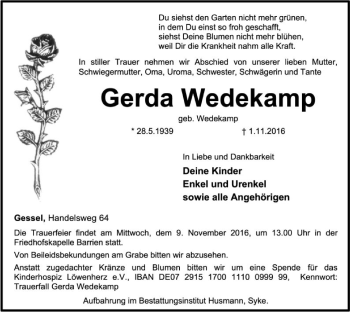 Traueranzeige von Gerda Wedekamp von SYK