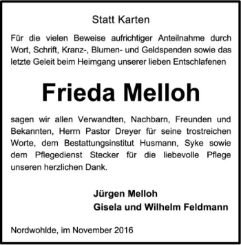 Traueranzeige von Frieda Melloh von SYK