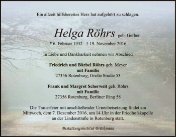 Traueranzeige von Helga Röhrs von SYK