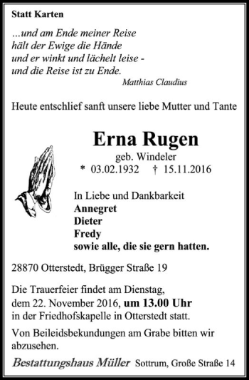 Traueranzeige von Erna Rugen von SYK